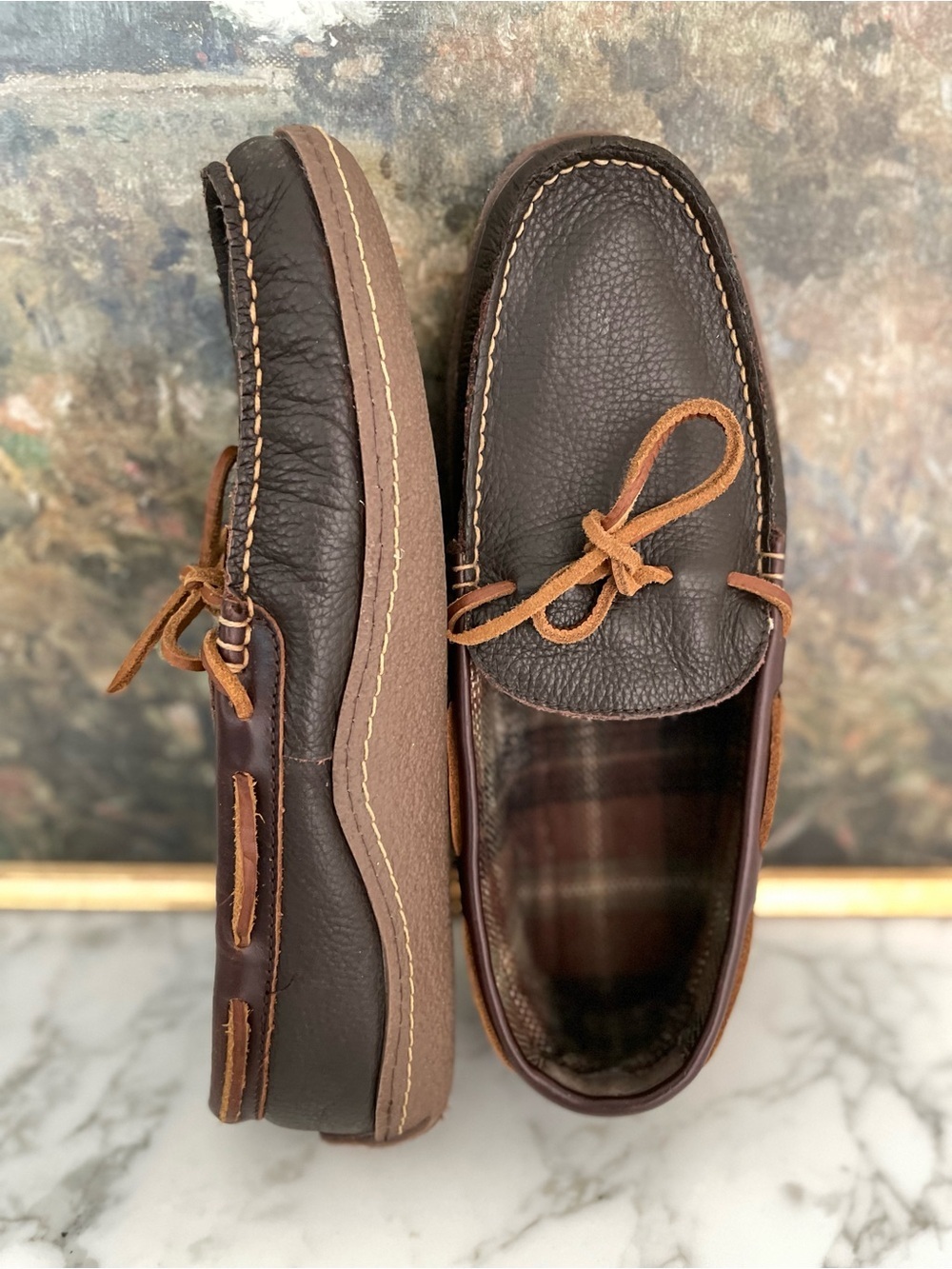 LL Bean Leather Slippers House Shoes Flannel Granola Dad Brown Mens 12